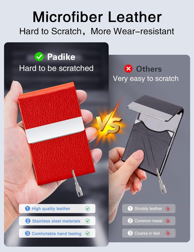 Padike Leather Business Card Holder for Women Leather Stainless Steel Business Card Case with Magnetic Shut (Red) - Image 3
